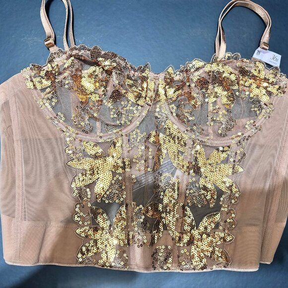 Very Sexy Gold Sequined Ziggy Glam Floral Embroidery Unlined Corset Top - 36B - Picture 5 of 5